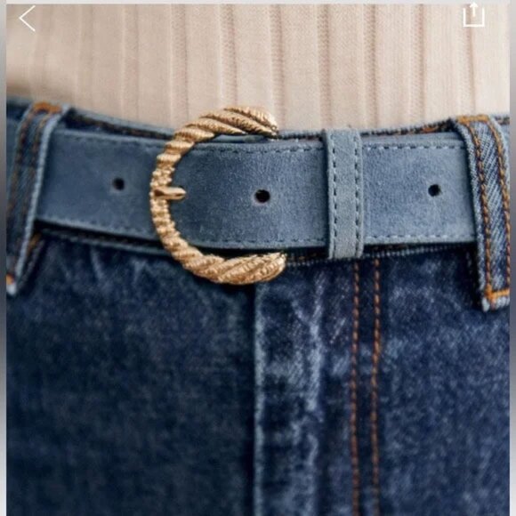 Sezane Thelma Suede Belt T85 Denim Blue Leather Gold Buckle - Picture 2 of 10